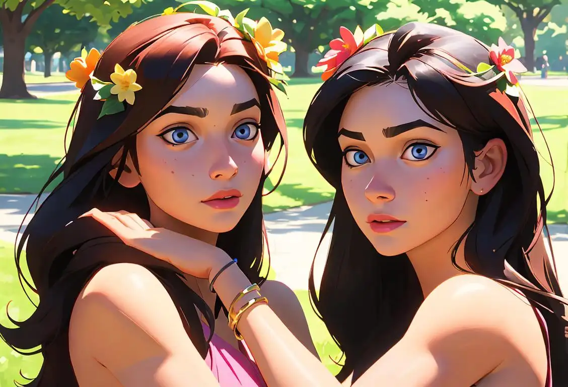 Two young sisters, one wearing a flower crown, the other wearing a matching bracelet, in a sunny park setting..