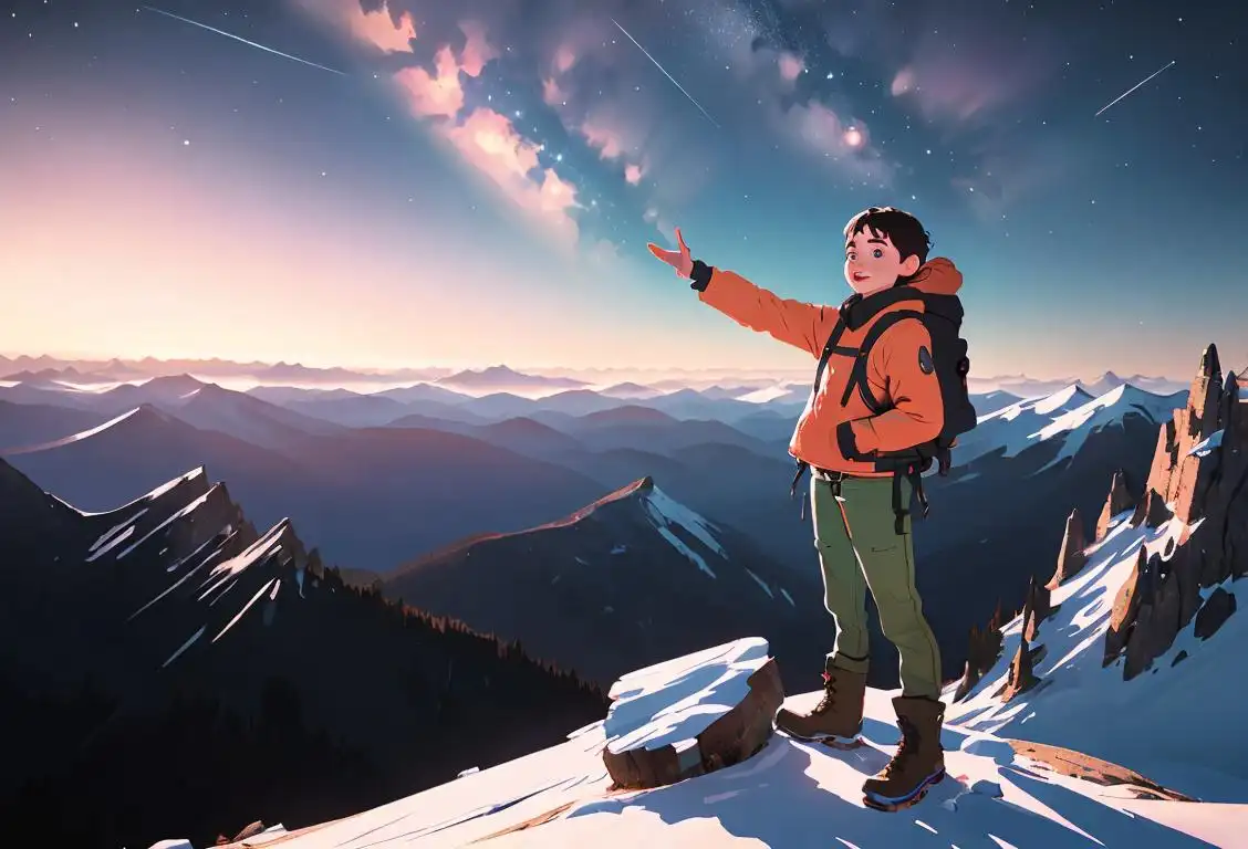 Young person reaching for the stars while standing on top of a mountain, wearing outdoor adventure gear, surrounded by breathtaking nature scenery..