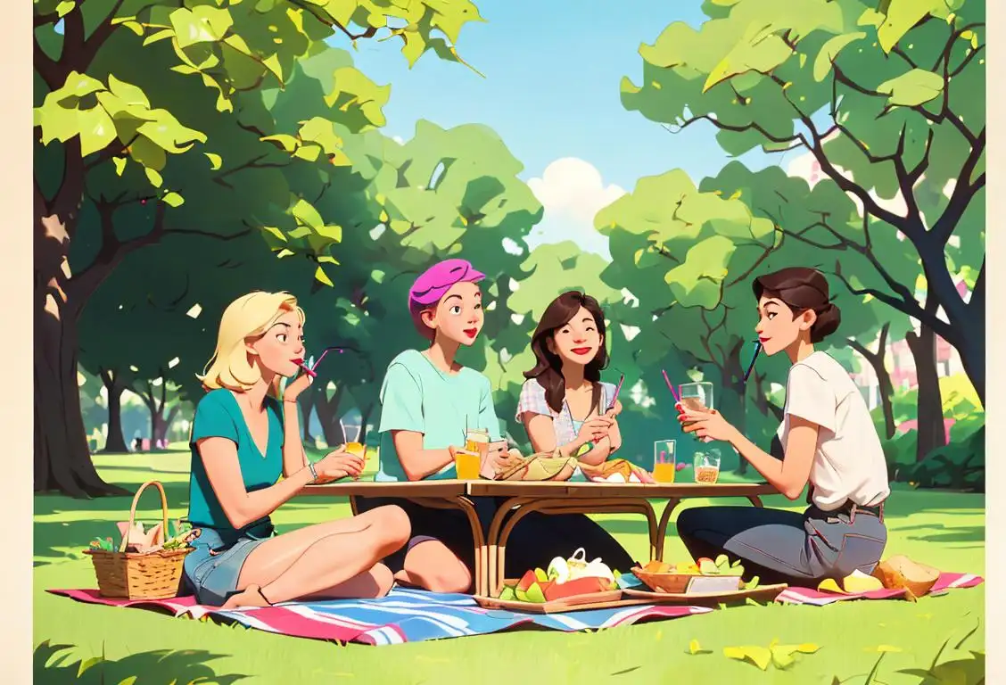 A group of friends enjoying a picnic in a park, stylishly sipping from reusable straws, surrounded by beautiful nature and eco-friendly decorations..