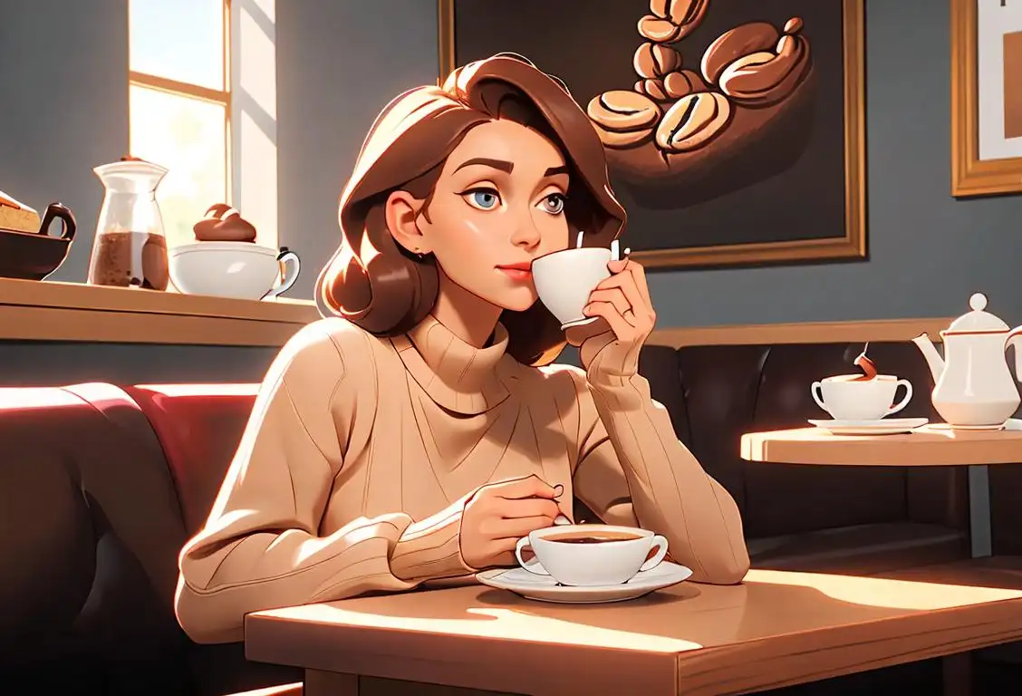 A person enjoying a delicious slice of coffee cake, wearing a cozy sweater, sitting in a warm cafe..