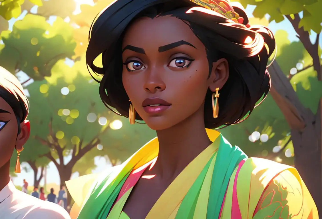 Beautiful woman with dark skin, glowing with confidence, wearing a vibrant cultural attire, in a sunlit park surrounded by diverse group of people..