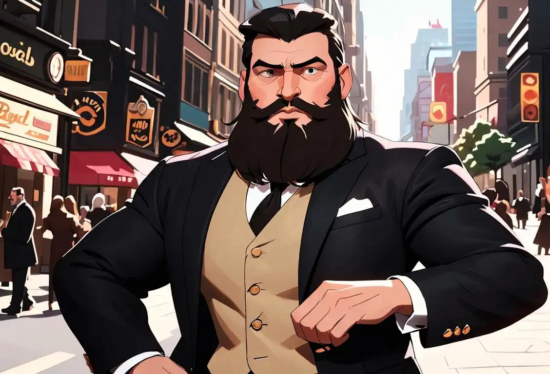 A handsome man with a well-groomed beard, wearing a stylish suit, in a bustling city scene..