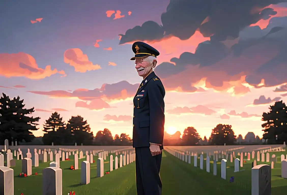 An elderly veteran with a proud smile, dressed in a military uniform, surrounded by rows of American flags and a peaceful sunset backdrop..