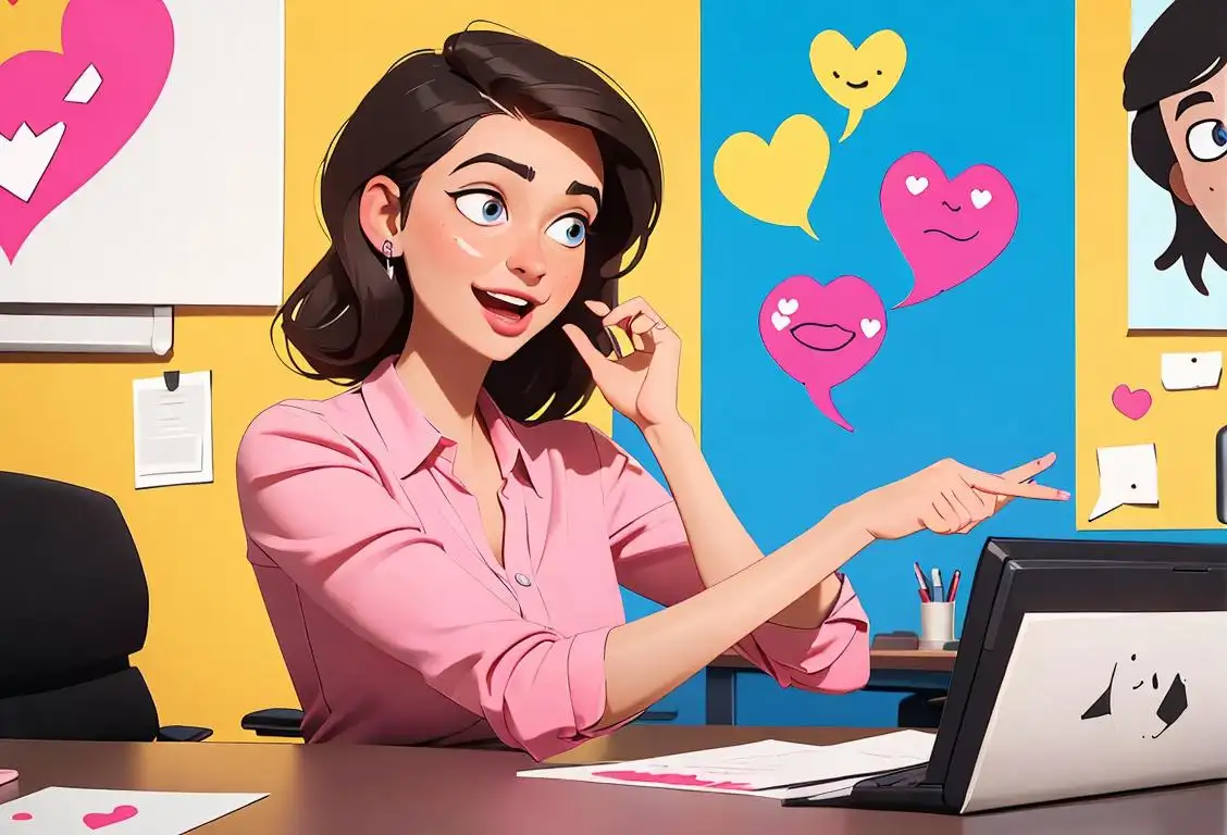 Cheerful woman in office setting, engaging conversation with a co-worker, exchanging heart emojis, surrounded by motivational posters and office supplies..
