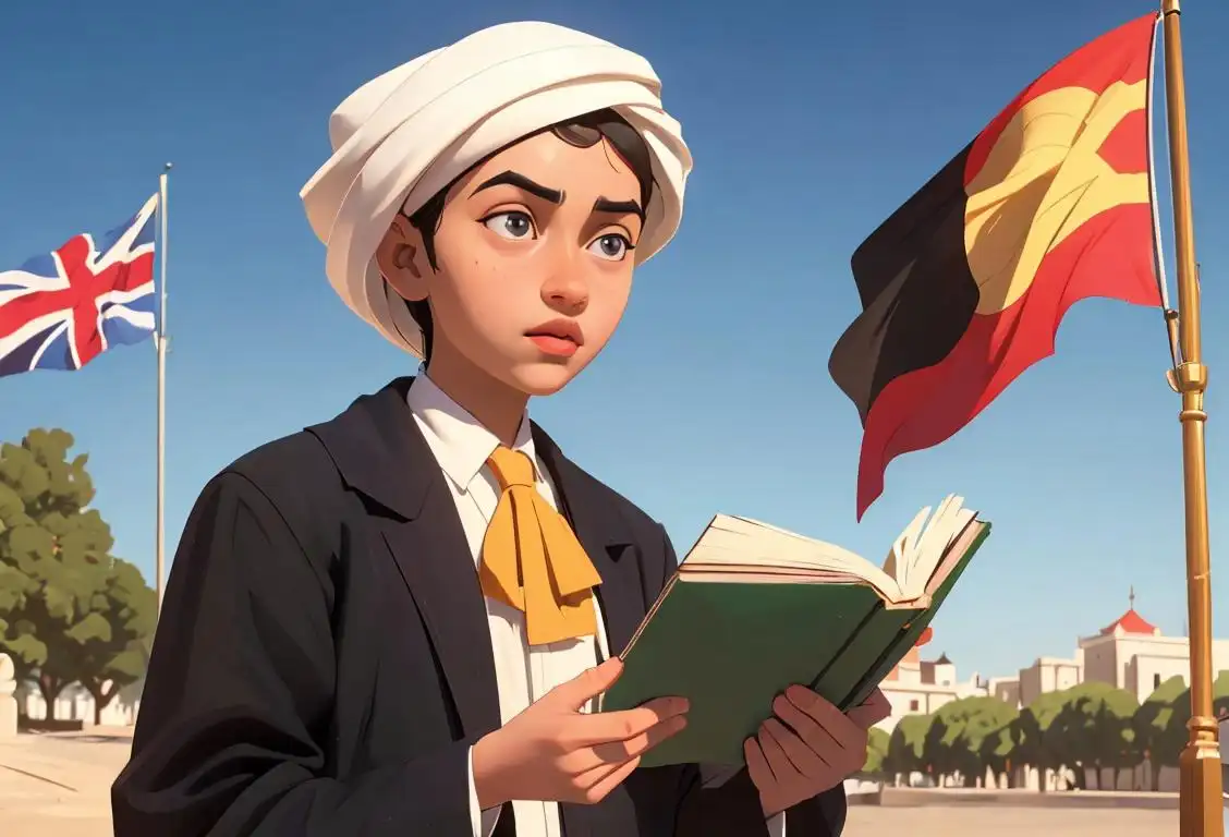 Young person in a cultural outfit, holding a book titled 'Aminan Origins' with a backdrop of diverse national flags..