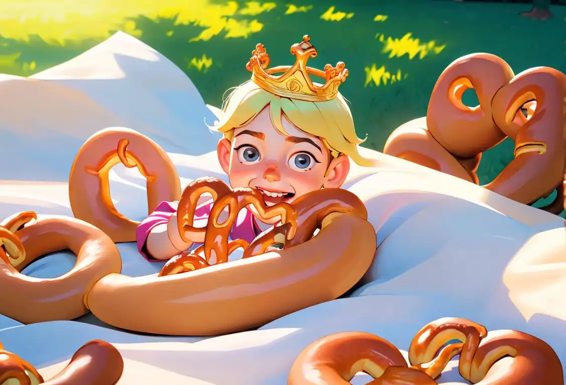 A joyful child wearing a pretzel-shaped crown, surrounded by a sunny park, picnic blanket, and a group of friends sharing pretzels..