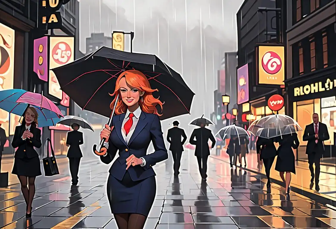 A smiling woman, dressed in business attire, holding an open umbrella amidst a bustling city street in the rain..