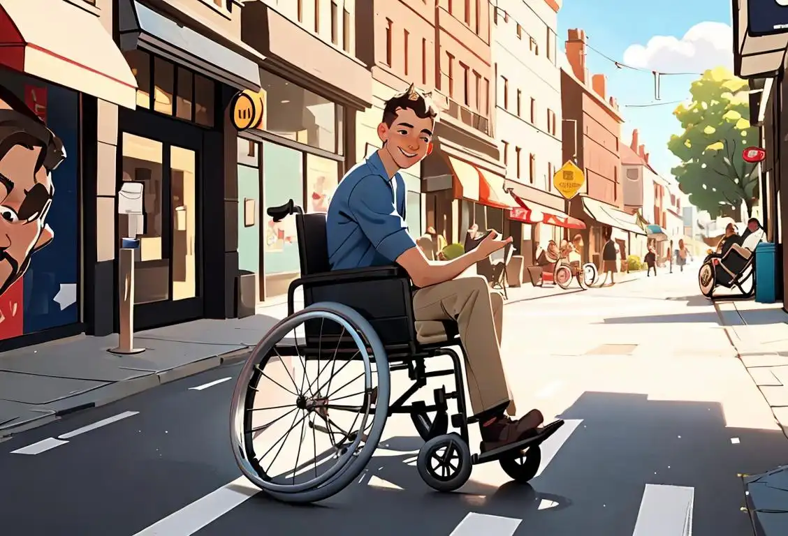 Young man in wheelchair, smiling and confidently rolling down a sunny street, wearing casual clothes, urban city setting..