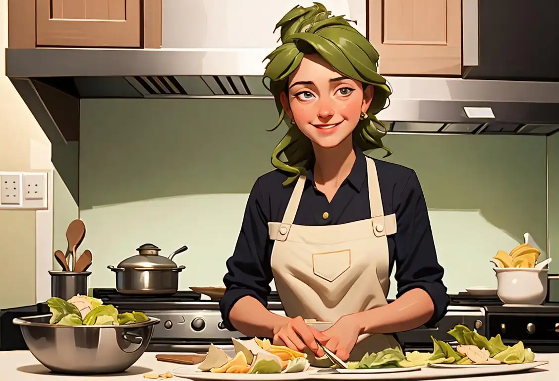 A smiling young woman, dressed in a crisp chef's apron, preparing a Caesar salad with fresh ingredients, surrounded by a cozy kitchen ambiance..