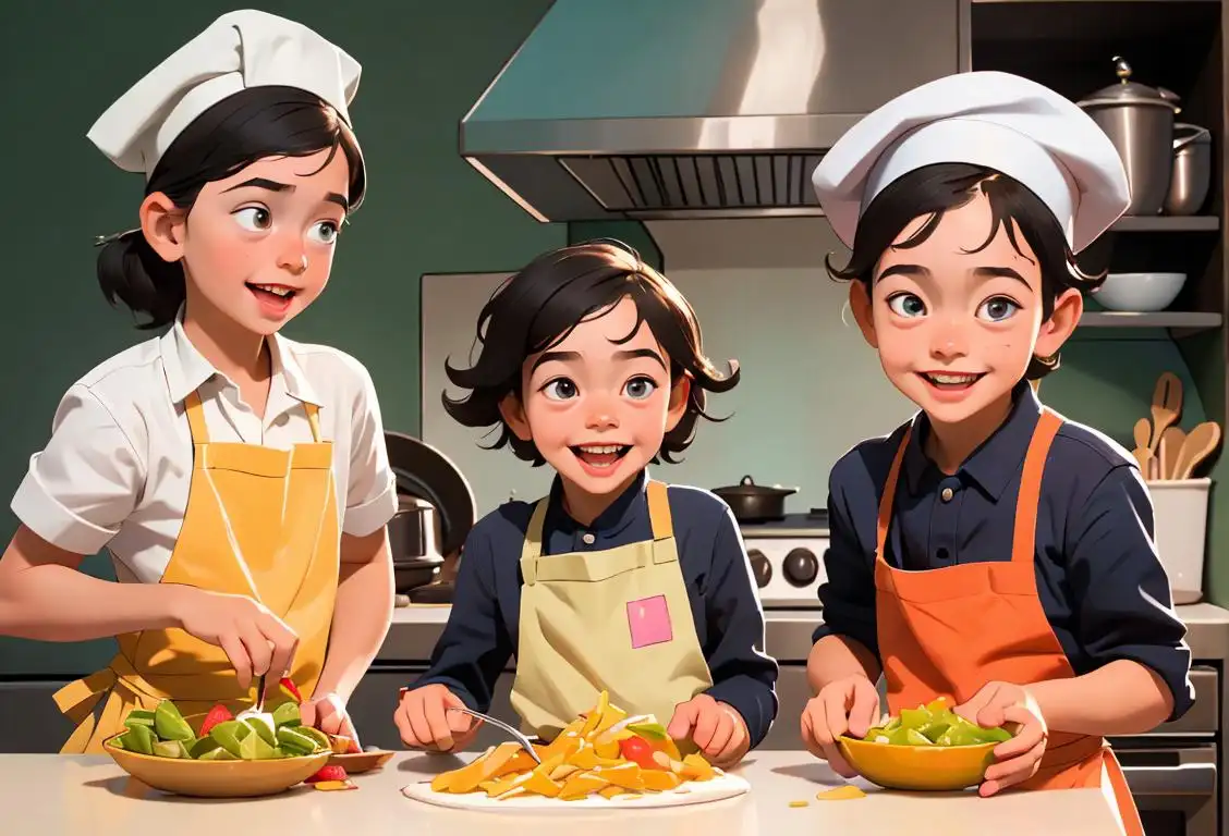 Young kids wearing chef's hats and aprons, surrounded by colorful ingredients, joyful expressions, kitchen setting, cooking up a storm!.