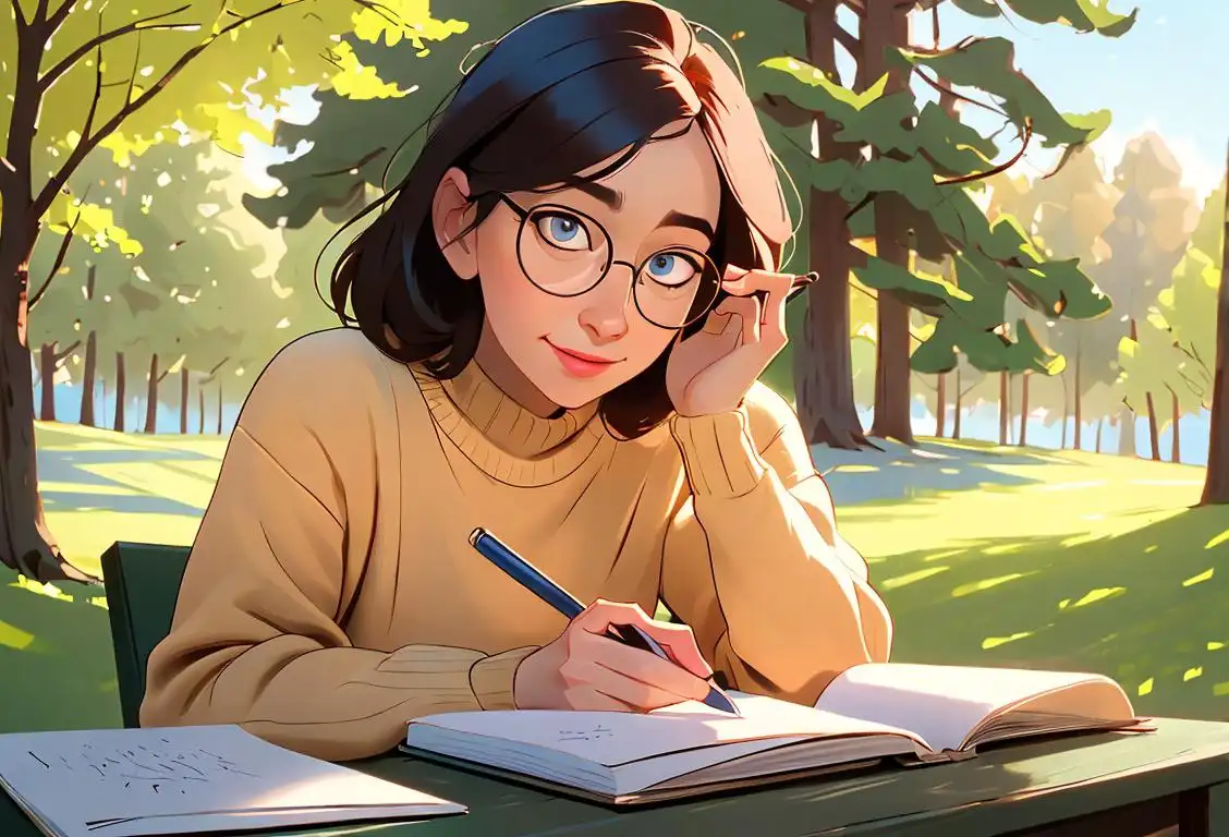 Joyful person surrounded by nature and contemplating a handwritten letter while wearing a cozy sweater and classic eyeglasses..
