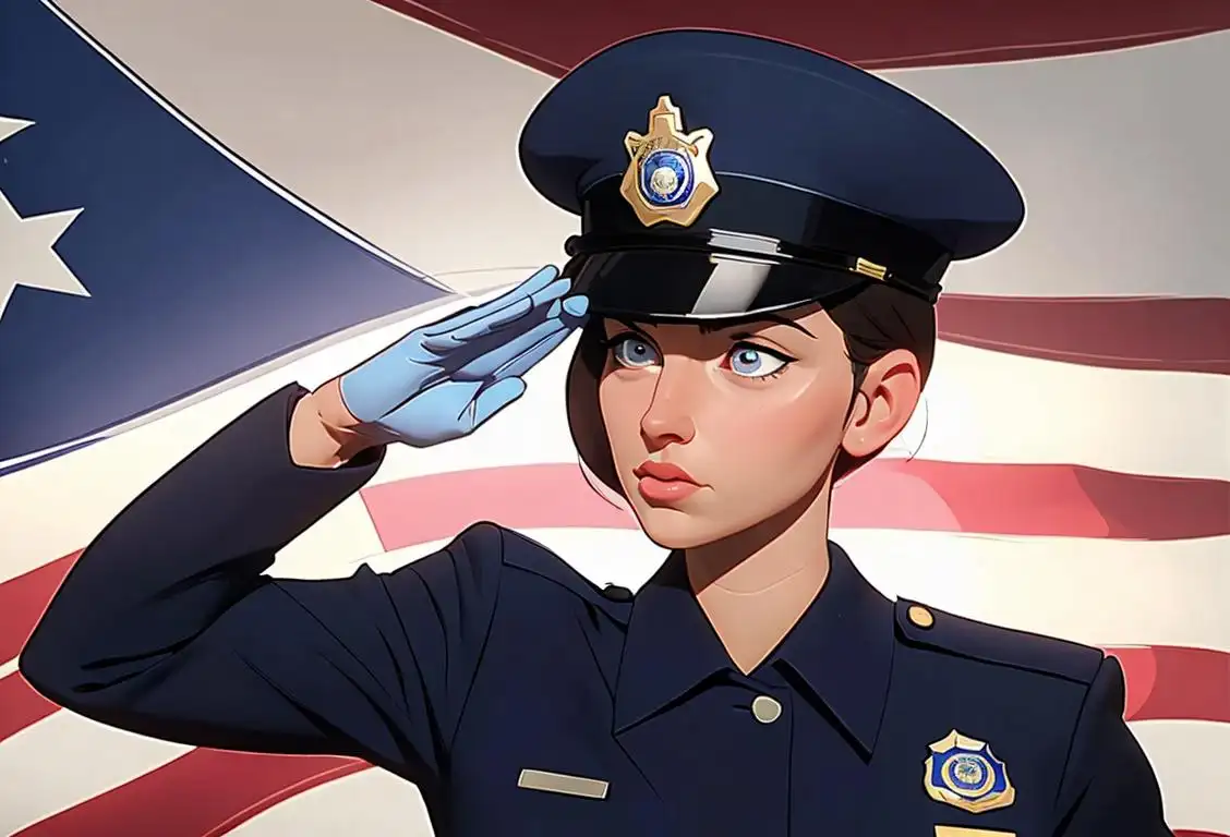 A police officer in a blue uniform, proudly saluting with an American flag backdrop. Hat, badge, and respect in focus..