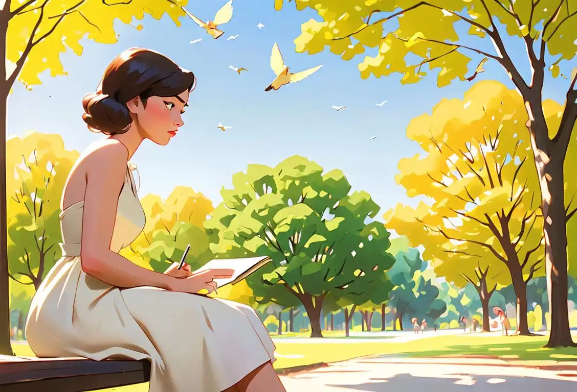 Young woman writing a memo in a park, wearing a sundress, vintage fashion, sunny outdoor setting with trees and birds..