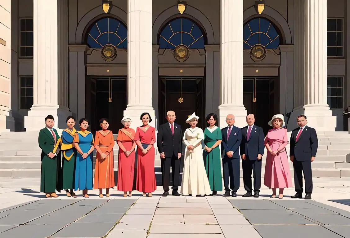 A diverse group of leaders from different eras, dressed in formal attire, united in a photo, possibly in front of a government building or landmark..