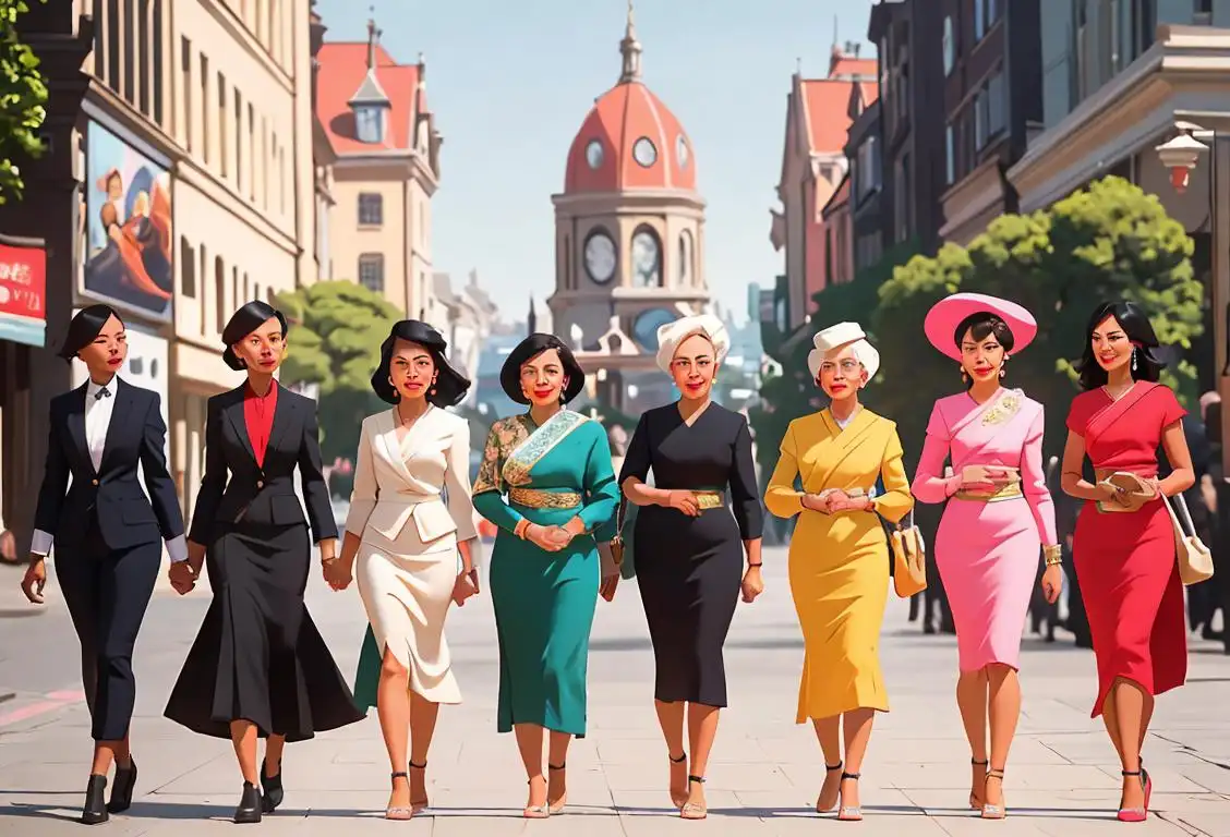 A diverse group of women, dressed elegantly in different styles from various cultures, walking together in a vibrant city scene..