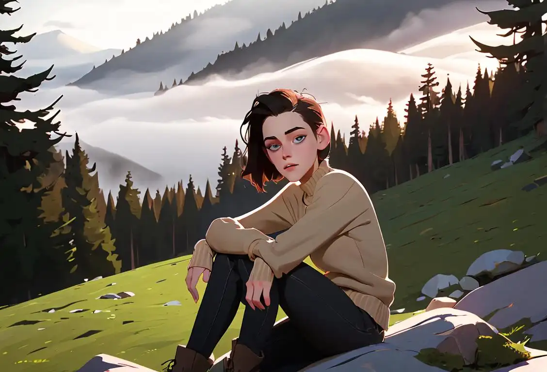 Kristen Stewart sitting on a mountain peak, wearing a cozy sweater, surrounded by foggy forest scenery, showing off her signature smoky eye makeup..