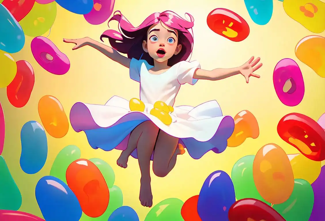 Young girl jumping in the air, surrounded by colorful jelly beans, wearing a dress and a birthday party setting..
