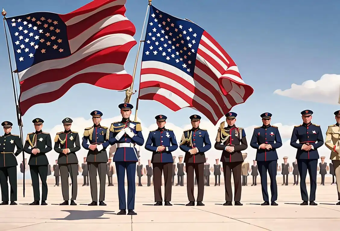 A group of diverse individuals in military uniforms, standing in front of an American flag, showcasing unity and patriotism. Some wearing dress uniforms, others wearing combat uniforms with varying styles and scenes..