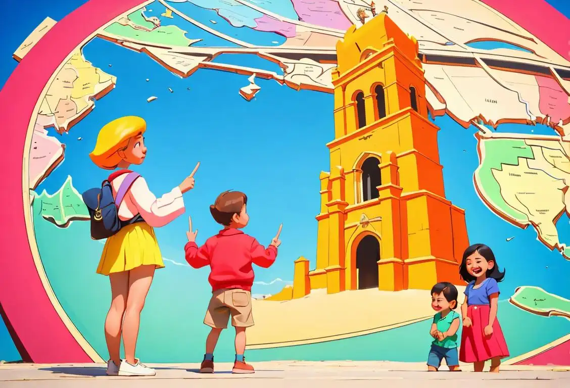 A family, dressed in colorful tourist outfits, standing in front of a famous landmark, holding a map and pointing at a direction..