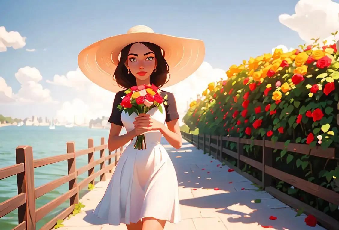 Young woman holding a bouquet of roses, wearing a sun hat, walking along a picturesque beach boardwalk..