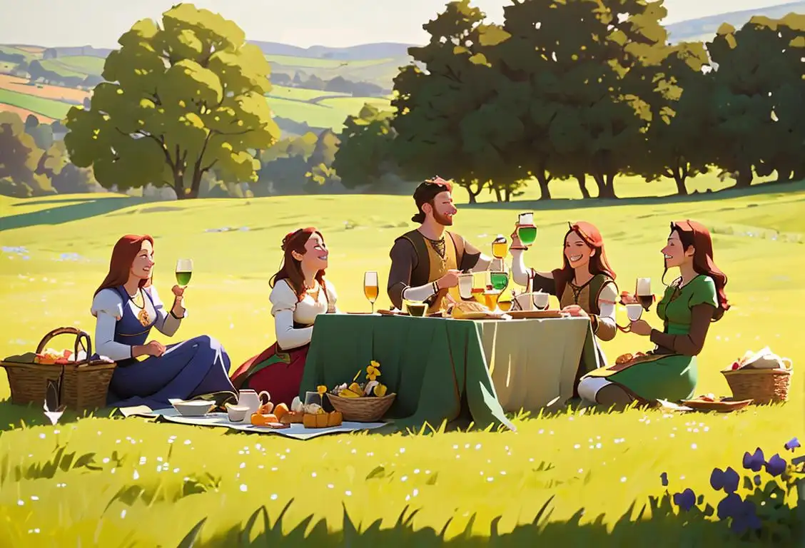 A group of friends standing in a lush meadow, holding mugs and smiling as they toast to National Mead Day. Some wearing medieval costumes, some in casual picnic attire..