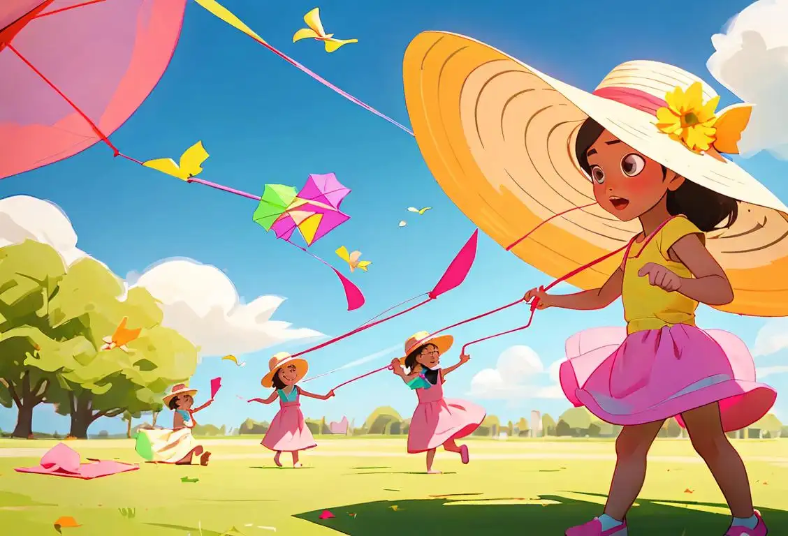 Young children flying kites in a park, wearing colorful summer dresses and straw hats, sunny outdoor setting..