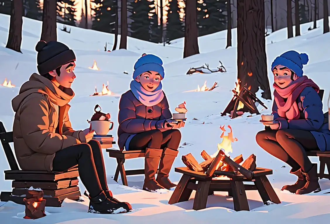 Young people gathered around a campfire, wearing cozy winter hats and scarves, enjoying marshmallow roasting on National Sigma Day..