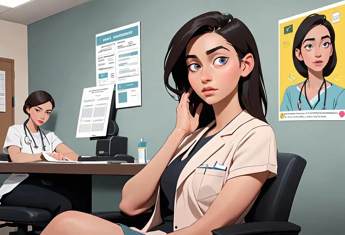Young woman, dressed in casual attire, sitting at a doctor's office, awaiting a health screening, surrounded by posters promoting overall well-being..