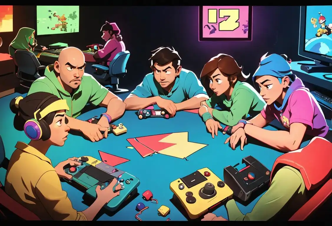 A diverse group of people playing video games together, with a mix of retro and modern consoles, surrounded by colorful gaming paraphernalia..