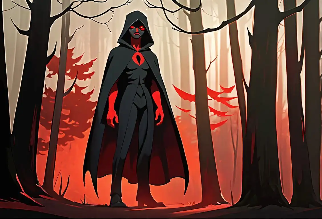 A mysterious figure with glowing red eyes standing in a foggy forest, wearing a cloak, vintage fashion, with a laptop symbolizing internet culture..