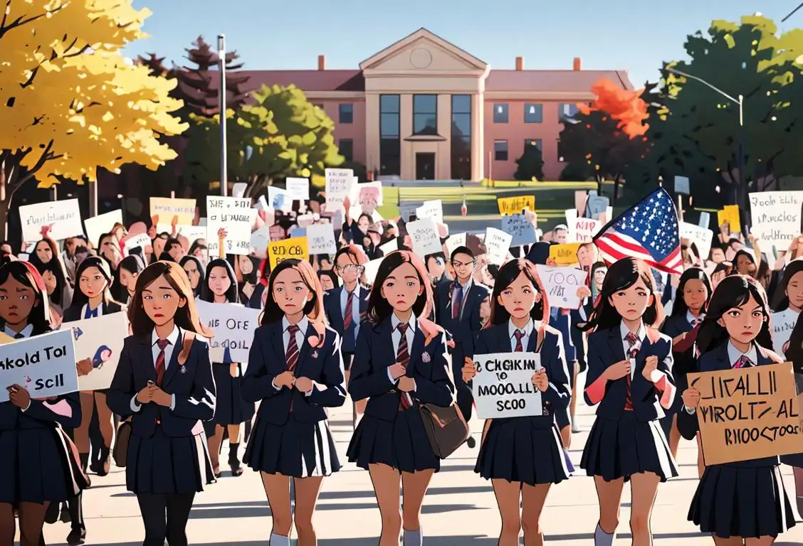 Group of diverse students wearing school uniforms, walking out of school with signs, peaceful protest, American flag in the background..