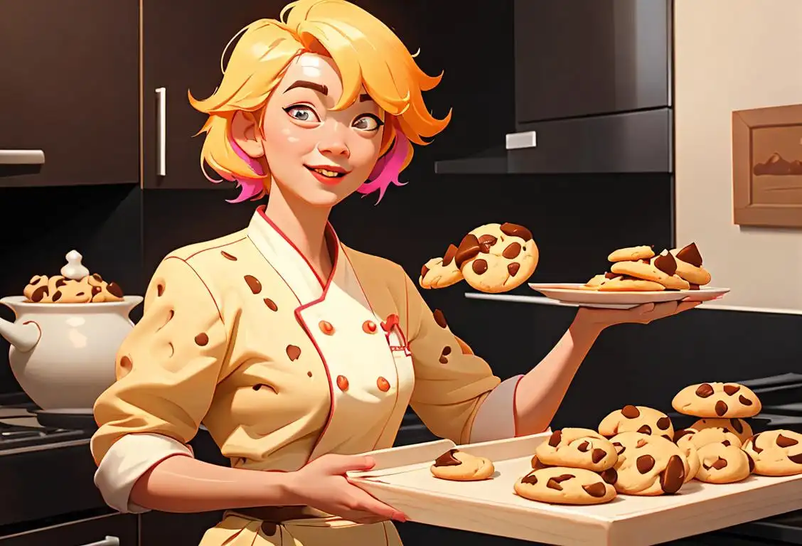 A playful young girl joyfully holding a tray of colorful yang cookies, wearing a chef hat, kitchen scene..