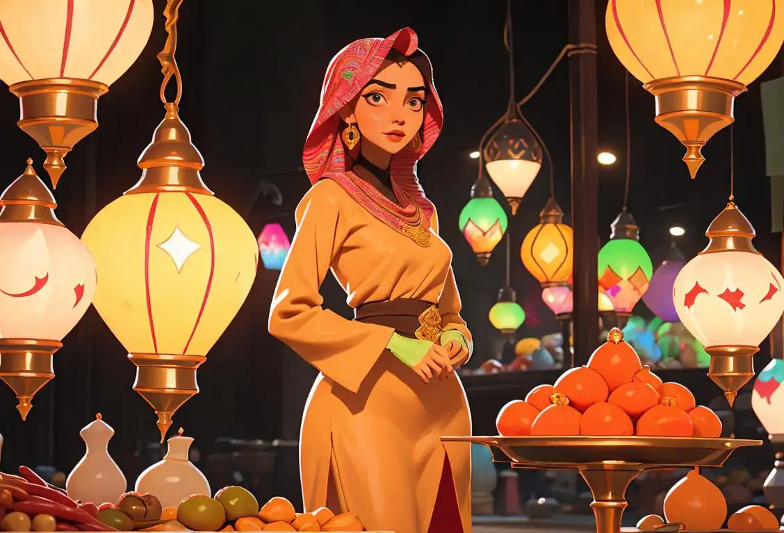 Young woman wearing a vibrant traditional Saudi Arabian dress, standing in front of a bustling market, surrounded by colorful spices and Arabian lamps..