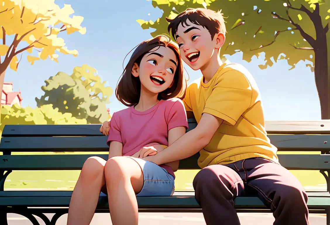 Two siblings, a brother and a sister, laughing and hugging each other tightly, wearing casual clothing, sitting on a park bench in a beautiful sunny setting..