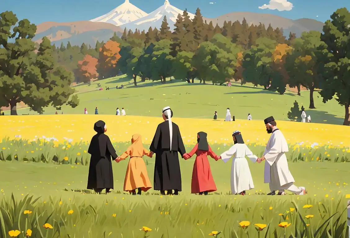 A diverse group of people holding hands in a sunny meadow, with individuals wearing clothes representative of different religions, surrounded by symbols from various faiths..