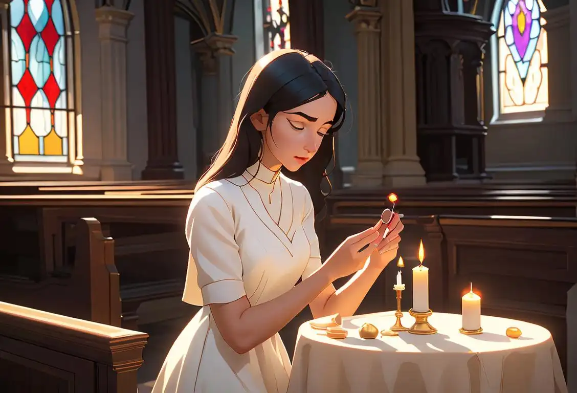 Young woman lighting a candle in a serene church setting, wearing a modest dress, with sunlight streaming through stained glass windows..