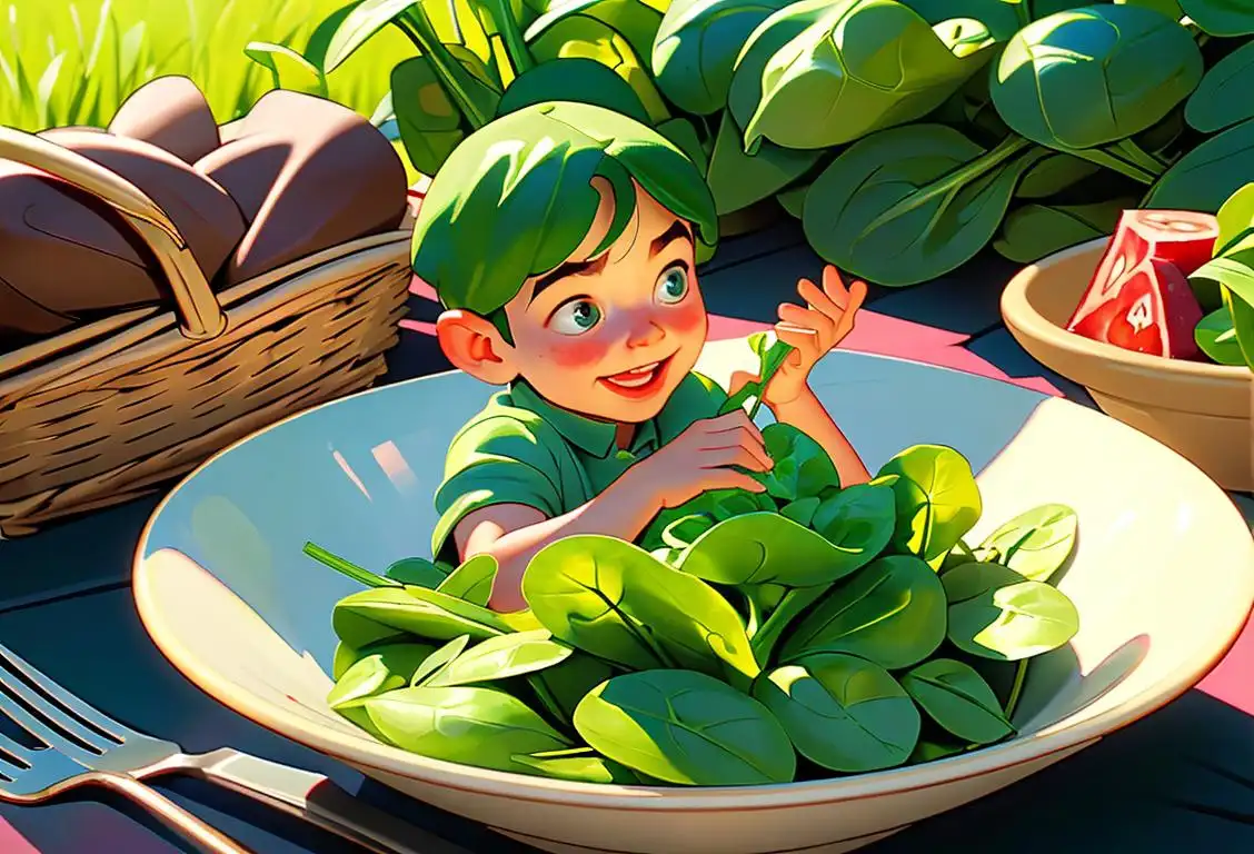 A joyful child dressed as Popeye, surrounded by a bowl of fresh spinach and green salad, in a fun and vibrant outdoor picnic setting..