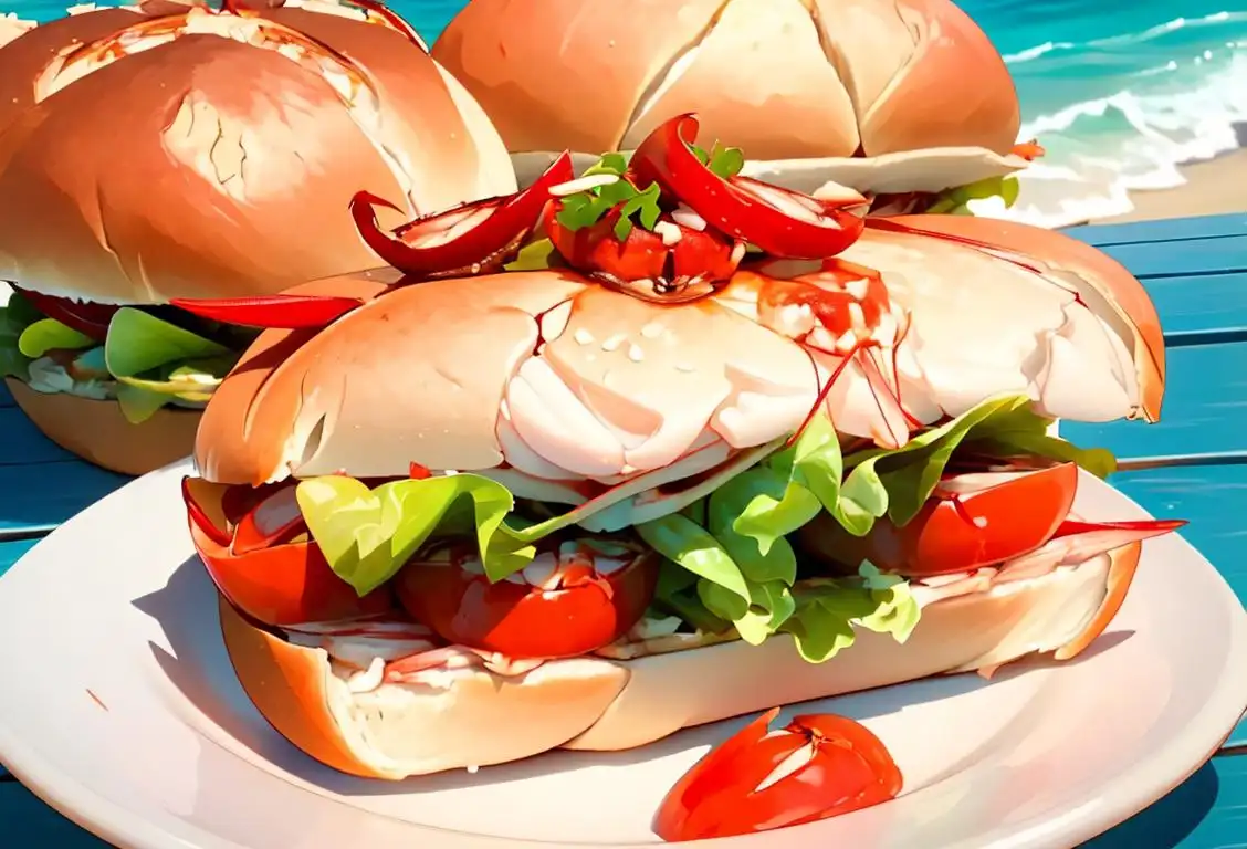 Close-up of a delicious crab meat sandwich, toasted bun, fresh lettuce, savory tomato, seaside picnic scene with a cool ocean breeze..