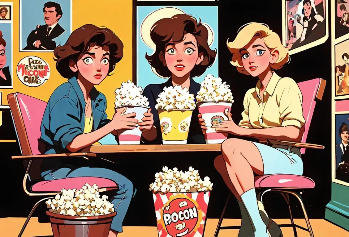 Group of friends wearing 80s fashion, sitting in a vintage cinema, surrounded by movie posters and holding buckets of popcorn..
