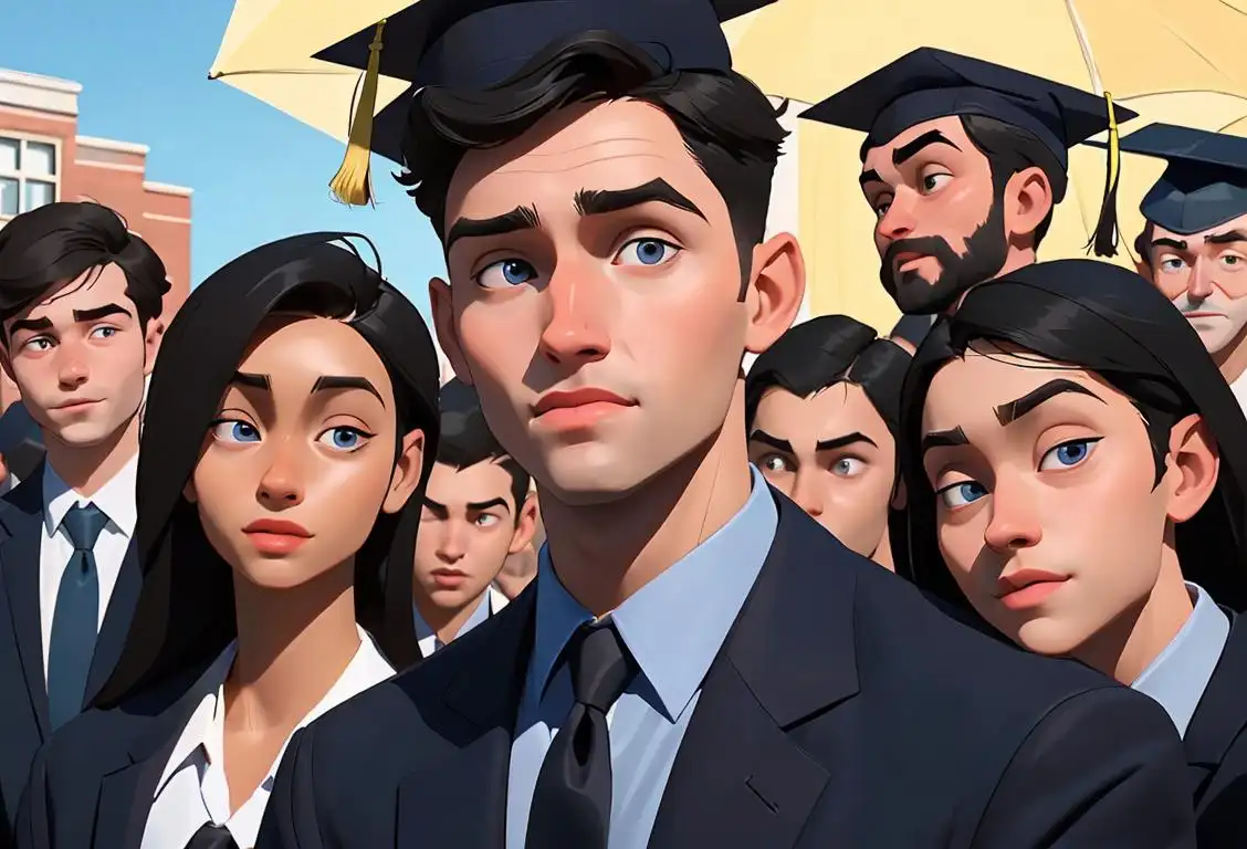 Friendly-looking dean in a well-fitted suit, holding a graduation cap, surrounded by a diverse group of students in a university campus setting..