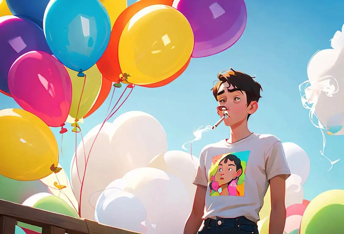 Young person standing confidently outside, wearing non-smoking t-shirt, surrounded by colorful balloons and fresh air..
