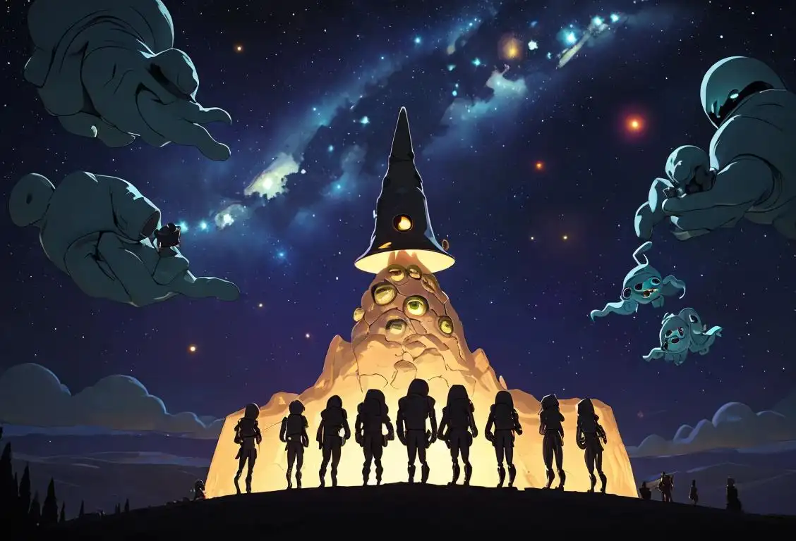 A group of diverse individuals wearing tinfoil hats, holding ray guns, standing in front of a starry night sky..