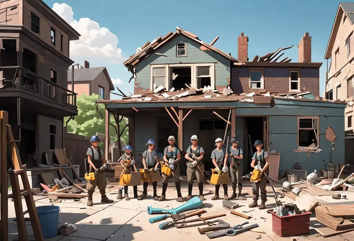 A group of diverse volunteers, wearing work gloves and holding tools, standing in front of a dilapidated house ready to rebuild, urban neighborhood setting..