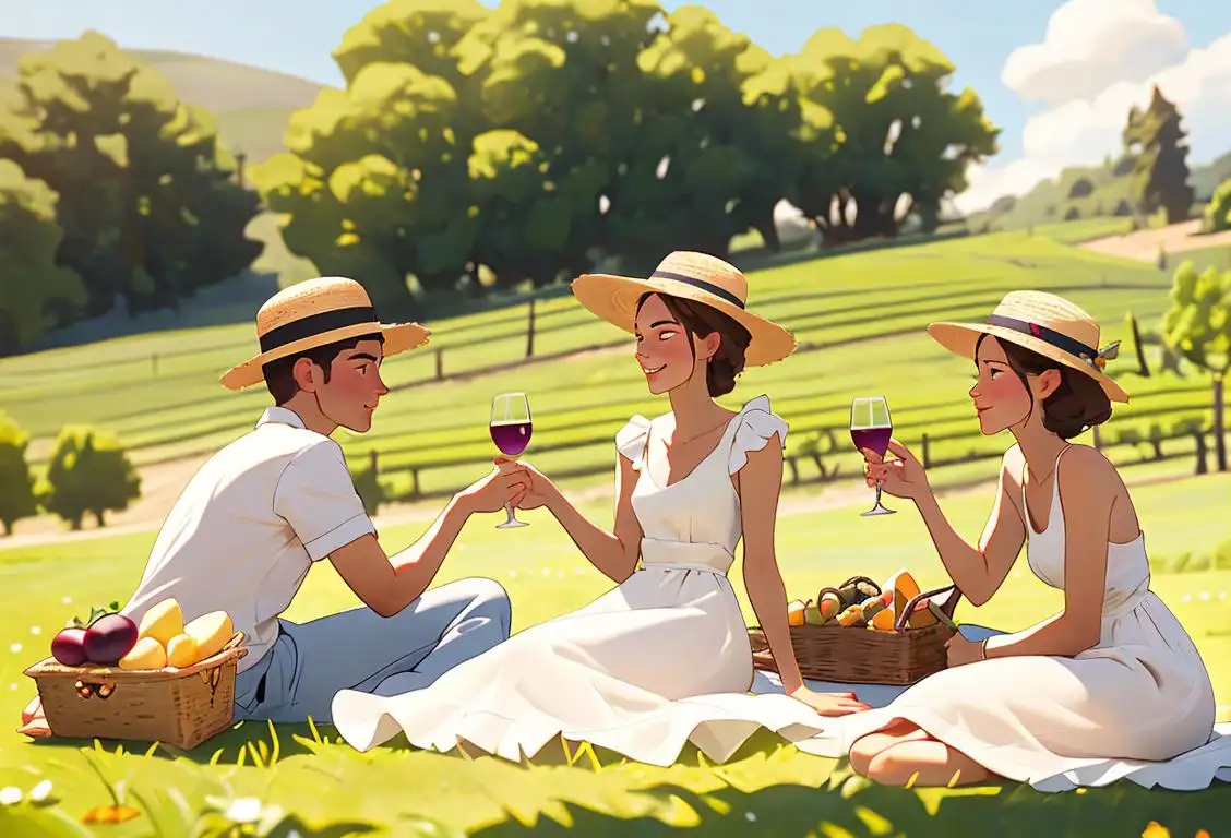 A group of friends raising their glasses, enjoying a picnic in a vineyard. Young man wearing a straw hat, summer dresses, beautiful countryside backdrop..