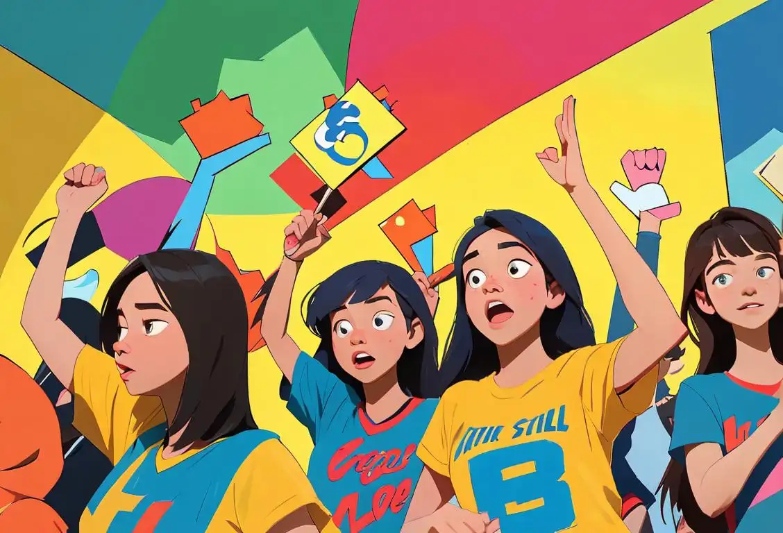 A group of students wearing colorful school t-shirts, cheering and raising their hands in front of their school building, surrounded by vibrant school posters..