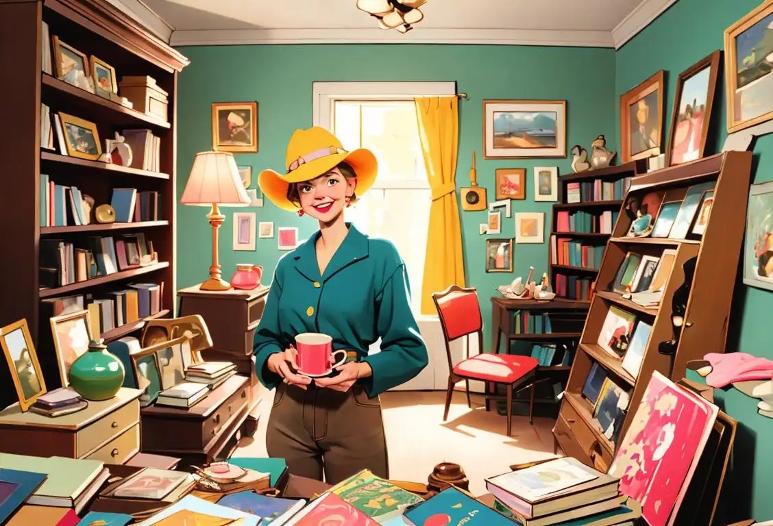 A cheerful person wearing thrifted clothes, surrounded by various items like vintage clothing, books, and home decor, in a vibrant thrift store setting..