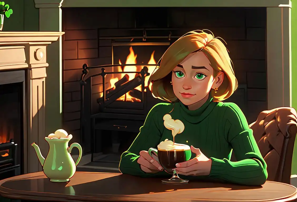 A cozy scene of a person wearing a green sweater, sipping Irish coffee by a crackling fireplace, surrounded by shamrock decorations..