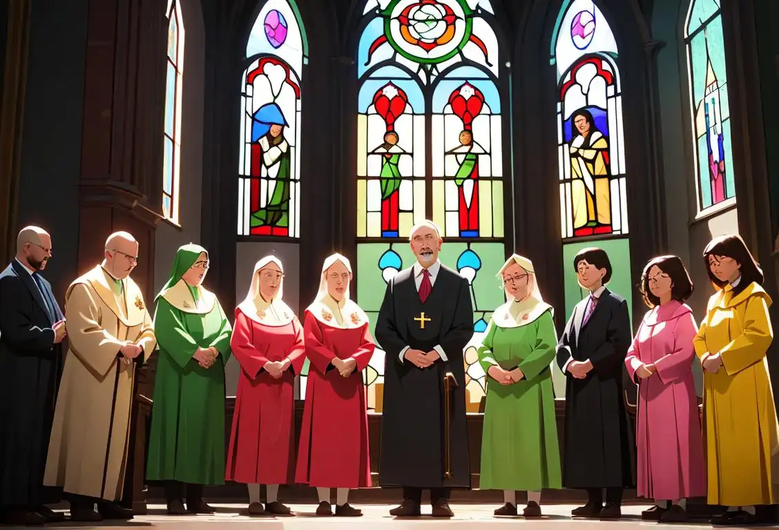 Joyful diverse group of people in church attire, holding Bibles, standing in front of a beautiful stained glass window..