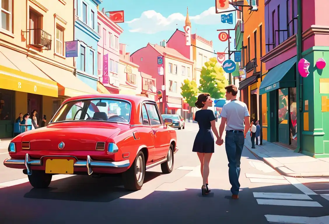 Young couple happily holding hands in a vibrant city street scene with colorful cars parked neatly on the side..