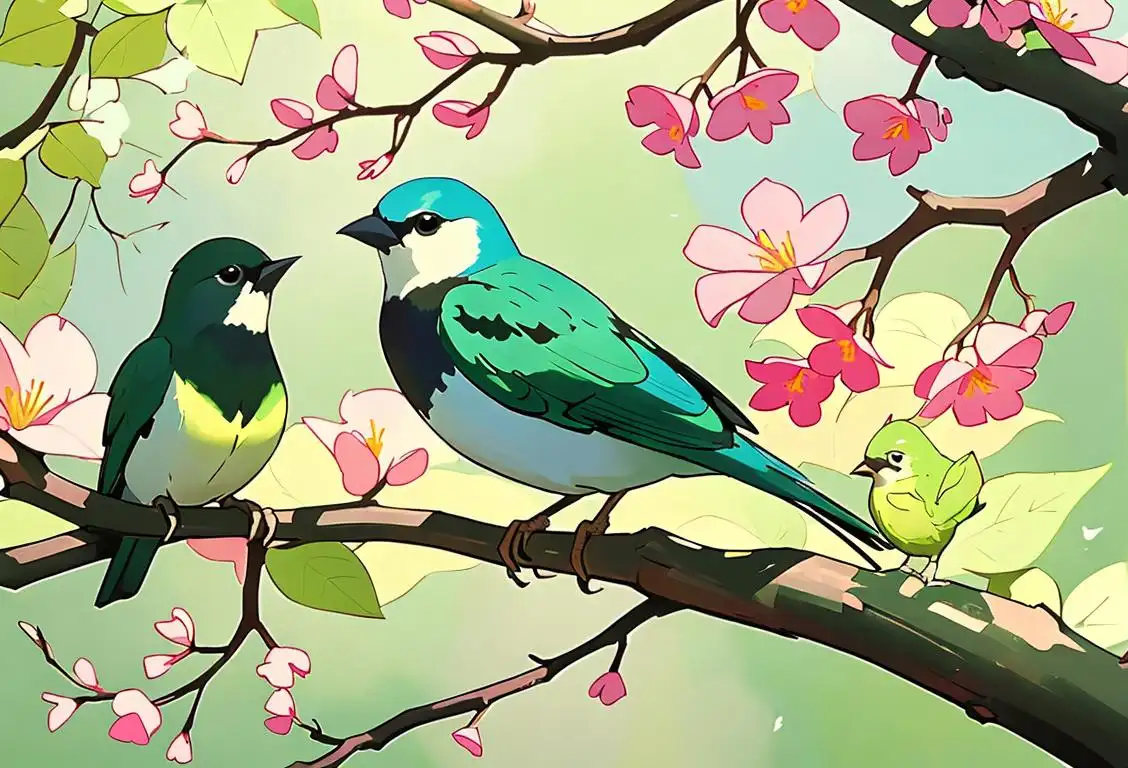 Beautiful image of various colorful birds perched on tree branches, surrounded by blooming flowers and green foliage..